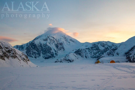 The south side of Mount Crosson and Crosson Ridge leading to Mount Foraker. From base camp on Southeast Fork Kahiltna Glacier.