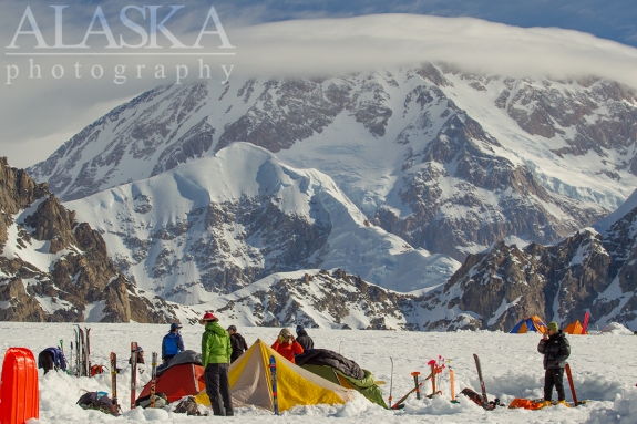 Denali (Mt McKinley) looms over basecamp on the Southeast Fork Kahiltna Glacier.