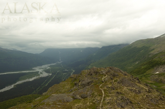 Looking down from near Thompson Pass, Wortmanns Creek (left) flows into Lowe River (main).