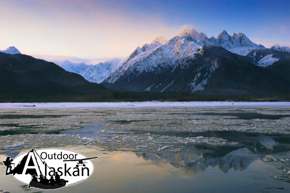 The freeze over begins on the Chilkat River and the sunrises on Mount Emmerich. Taken Nov 18, 2008.