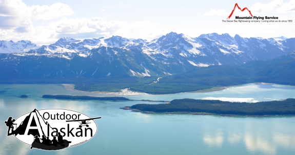 Looking west at the southern tip of Sullivan Island and Sullivan Rock. Flying over Lynn Canal and looking at the middle of the Chilkat Range.