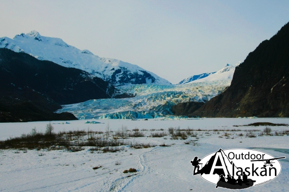 No it's not really called Mendenhall Way. But you're looking across frozen Mendenhall Lake, at Mendenhall Glacier, with Mendenhall Towers peeking up in the background. Mount Stroller White obviously the big white mountain (left) and little McGinnis Mountai