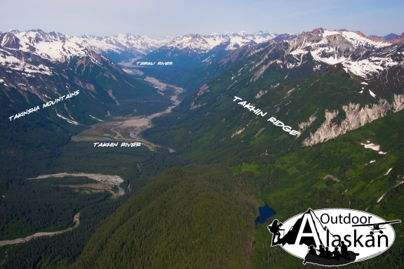 Looking west up the Tsirku River, with the Takhin Ridge on the right and the Takhinsha Mountains on the left.