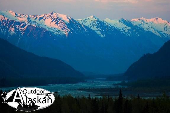 Looking down the Klehini River at the Takshanuk Mountains, with Iron Mountain (the top left peak). Taken May 26, 2013.