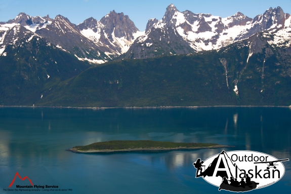 Talsani Island sits in Lynn Canal, and Yeldaglga Creek feeds Lynn Canal on the left.