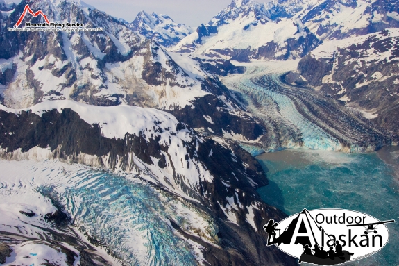 Hoonah Glacier enters from the bottom left, while Gilman Glacier joins Johns Hopkins Glacier from the left at the head of Johns Hopkins Inlet. July 2009.