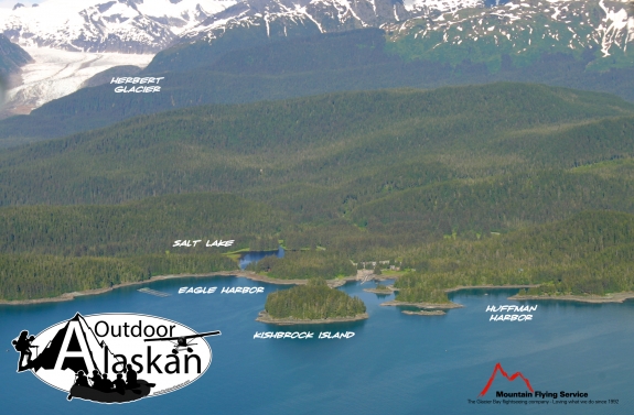 Looking down at Dotsons Landing, an area which includes Amalga Harbor, Eagle Harbor, Kishbrock Island, Huffman Harbor, and Salt Lake. Herbert Glacier looms in the back.