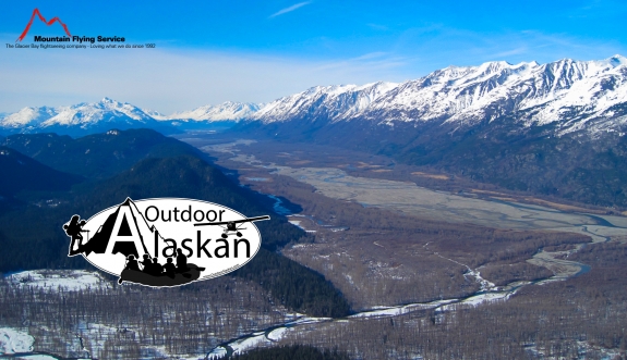 Looking up the Chilkat River as it runs beside the Takshanuk Mountains. The Takhin River joins it from the bottom of the frame.