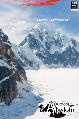 Above the edge of where West Fork Ruth Glacier meets Ruth Amphitheater, looking at the northeast face of Mount Huntington.