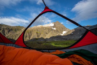 View from inside the tent taking a break from a day of adventure.