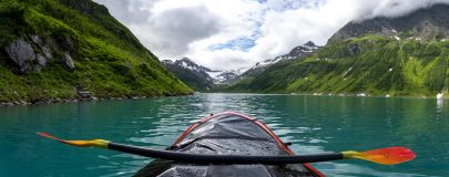 Packrafting down the lake along our hike and packraft tour.