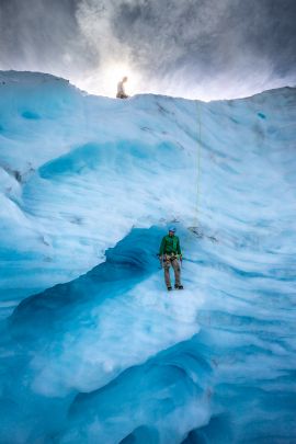 Hanging out on a ledge enjoying a view while ice climbing.