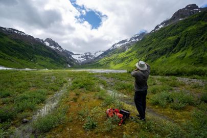 Taking a moment to photograph up the glacier carved valley.