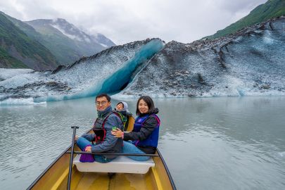 Checking out glaciers on a family canoe tour around Valdez Glacier.