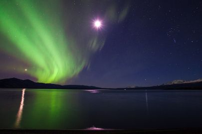 The aurora's dance besides a full moon above Kluane Lake on our northern lights tour.