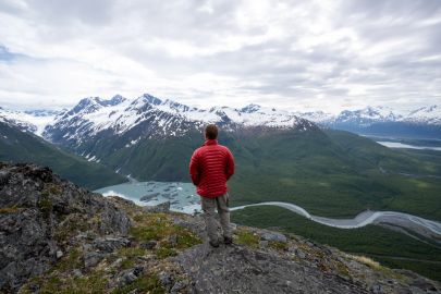 Looking down at Valdez Glacier Lake and Valdez Glacier Stream while hiking.