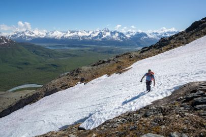 Crossing a little snow field in early June.