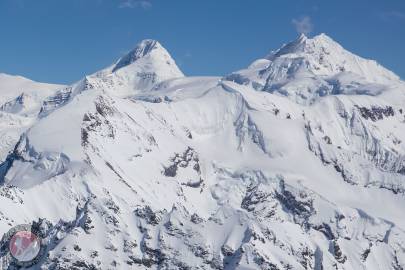 Looking at the west faces of Aello Peak (left) and The Twaharpies (right).