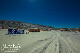 The town of Chicken in the dead of night in the dead of winter.