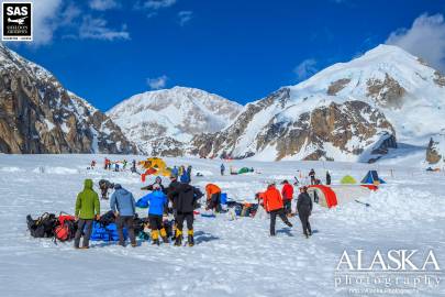 Looking up at Denali from Denali base camp.