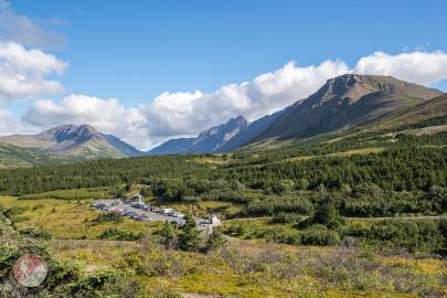 The Wedge (left), Ptarmigan Peak (large center), Flattop Mountain (right), just behind Anchorage. With Powerline Pass in the background.