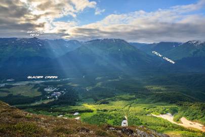 Gentoo Peak, Glacier Creek, and Crow Creek from Mount Alyeska.