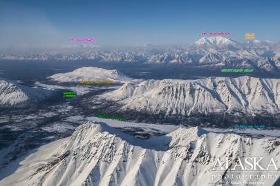 Hanagita Lake with Hanagita River and Grant Creek near Nelson Mountain. In the background are Crystaline Hills, Rime Peak, Mount Blackburn, and Mount Wrangell.