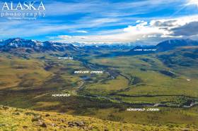 Looking out over Horsfeld, Horsfeld Creek, Beaver Creek, Mitten Hill, Lower Mountain, and the Nutzotin Mountains from atop Dish Mountain.