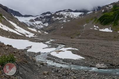 Kate Glacier (left) and Allison Glacier (right) with Allison Creek in the foreground.