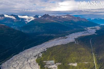 Looking down the Lowe River near Valdez and on out to Port Valdez.