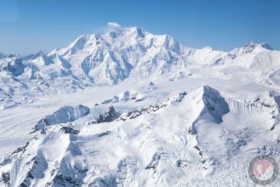 The east face of Mount Blackburn (main) and the south face of Rime Peak (right).