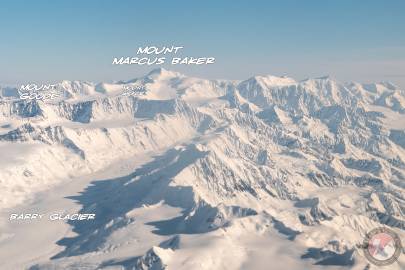 Looking north towards Mount Marcus Baker and other peaks from above Barry Glacier.