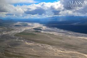 Looking down White River with North Fork Island mid-frame and Pingpong Mountains on the left.