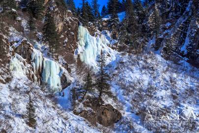 Left to Right, Popsicle, Cidersicle, and up to the right is The Bight, with ice climbers on Cidersicle.