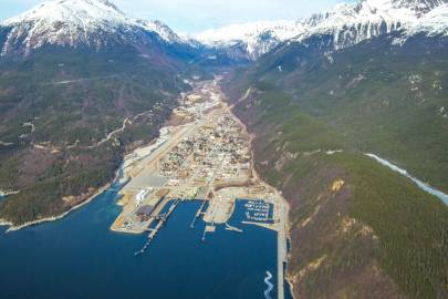 Looking down at Skagway with the Skagway River running below it along the base of A B Mountain. Lower Dewey Lake is featured in the lower right of the image.