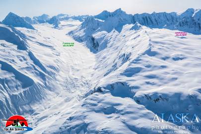 Tasnuna Glacier and Marshall Glacier. In April on a light snow year.