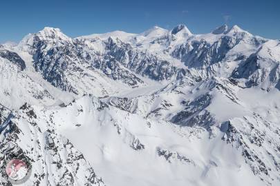 The Grand Parapet (left), Mount Churchill, Mount Bona, Aello Peak, The Twaharpies, Celeno Peak (right).