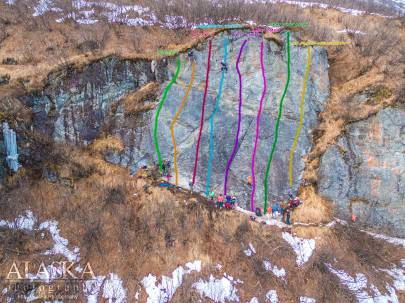 Looking at Upper Campground Wall, Valdez with Route number 1, Route number 2, Route number 3, Dragon's Teeth, Wet Finish, Lazy Days, Trim the Bush, No Floss Necessary.