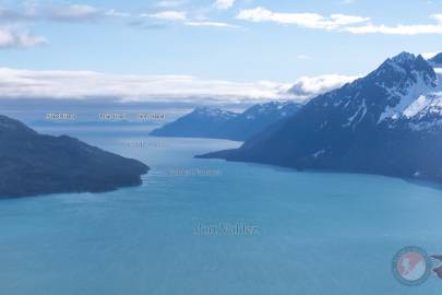 Down Valdez Narrows and Valdez Arm across Prince William Sound to Storey, Peak, and Naked Islands.