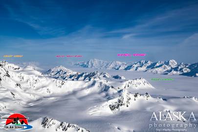 Bagley Icefield runs the northern side of Waxell Ridge with Mt. Saint Elias and Logan in the background.