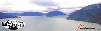 Northern Chilkoot Inlet with Lutak Inlet on the west (left) and Taiya Inlet to the east (right). Center is Taiyasanka Harbor beyond the narrow arm of land. Beyond that is Ferebee Valley and Ferebee Glacier. Tanani Point and Bay (left).