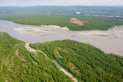 The Chulitna River in the foreground with the Susitna River behind it. Just before they meet north of Talkeetna.