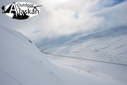 A last shot of the view before finishing a snowboard run down Glave Peak. Looking east down the Haines Highway towards Haines.