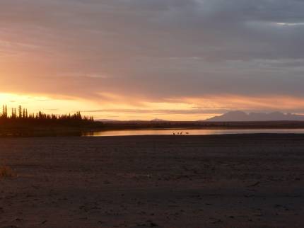 Sandhill cranes are silhouetted in the setting sunlight along the Kobuk River, with the Baird Mountains are in the background. Image rights: public domain; NPS