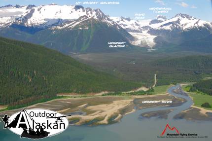 Looking east up Herbert Glacier, and Herbert River. Mount Ernest Gruening running across the top left, Rhino Peak peeking out in the background, with Mendenhall Towers to the right.