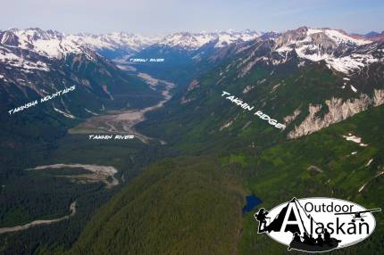 Looking west up the Tsirku River, with the Takhin Ridge on the right and the Takhinsha Mountains on the left.