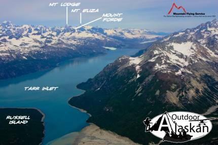 Margerie Glacier enters Tarr Inlet (on the left) and the Grand Pacific Glacier enters at the head. Mount Eliza is a Canadian Peak. Mount Fairweather and Quincy Adams is on the very left of the image. Taken July 2009.